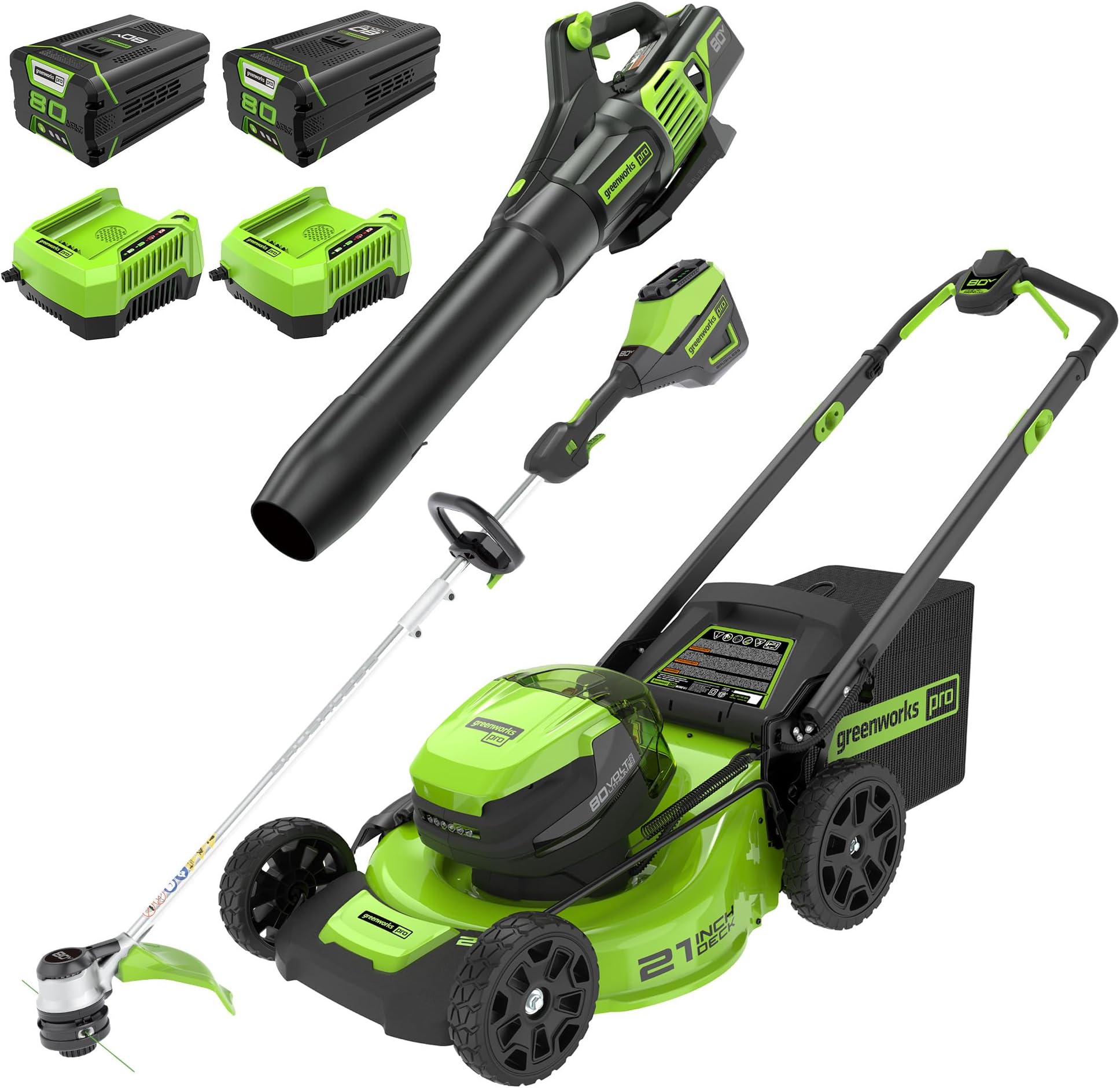 80V 21" Cordless Battery Push Lawn Mower,16" Cordless Battery String Trimmer & 730 CFM Leaf Blower,Combo Kit w/ (1) 4.0Ah Battery (1)2.5 Ah Battery and (2)Charger