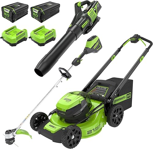 Greenworks Cortacésped inalámbrico de 80 V y 21 pulgadas, recortadora de batería inalámbrica de 16 pulgadas y soplador de hojas de 730 CFM, kit