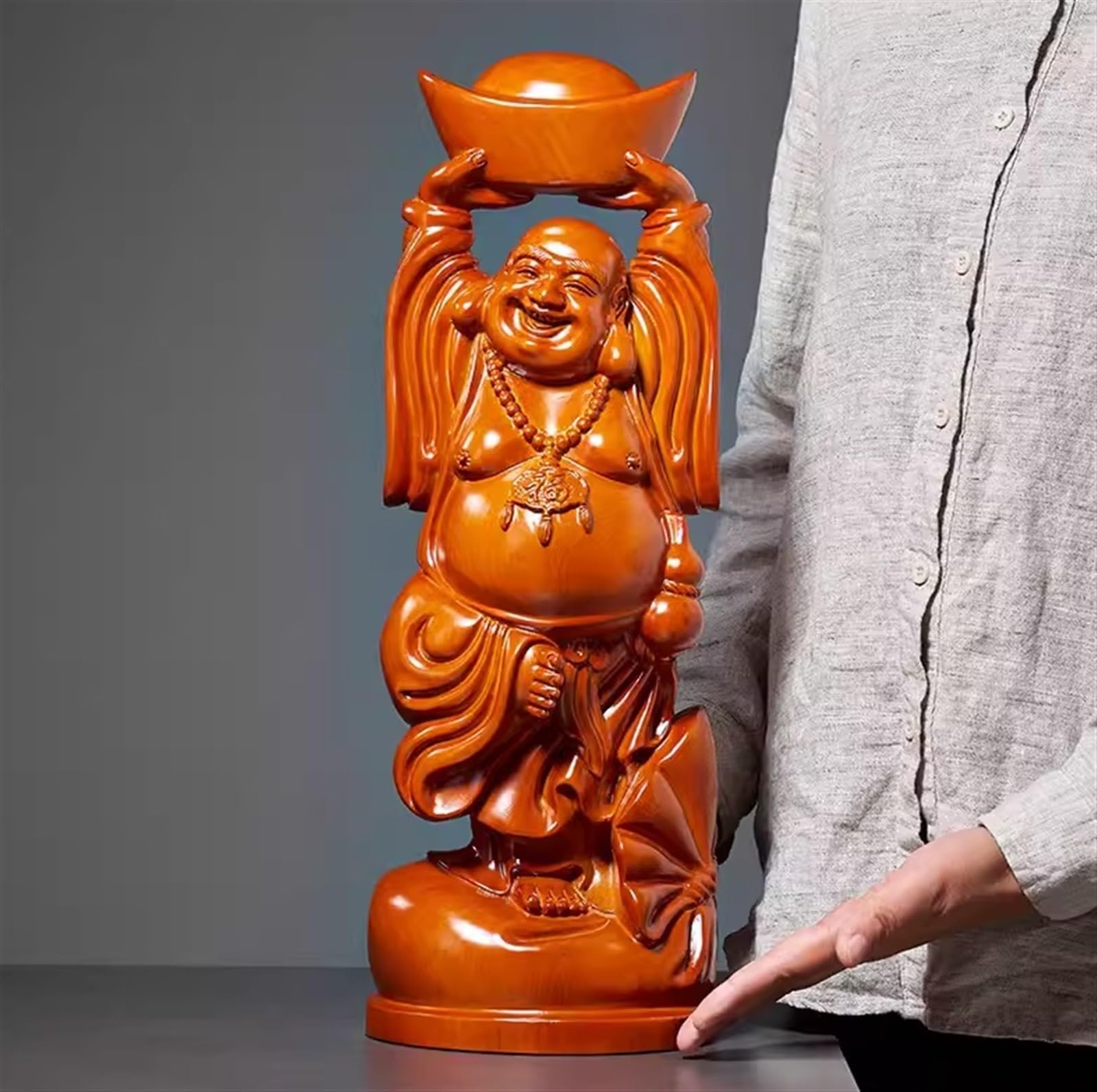 Budas Decorativos Buddha Estatua De Buda Sonriente De Madera para Decoración del Hogar, Estatuilla De Buda Feliz De La Suerte, Decoración De Buda Interior Escultura Adorno Artesanal(22 * 12 * 50cm)