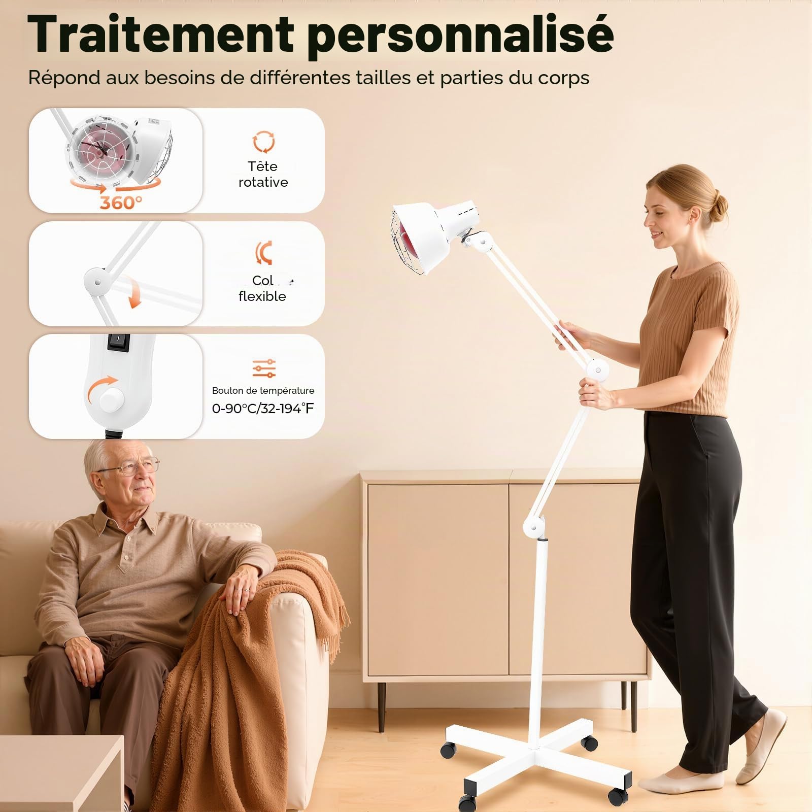 Lampe à Infrarouge 275W Lumière Rouge Lampe de Chaleur Thérapeutique avec Support, Rotatif à 360° & Réglable en Hauteur, 4 Roues, Lampe à Lumière Infrarouge pour la Détente des Muscles, Usage