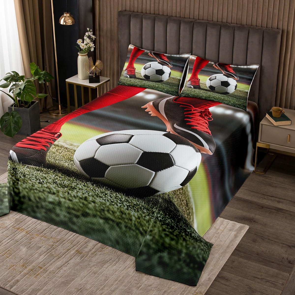 Erosebridal Boys Soccer Coverlet Set Footballer Bedspread European Sports Bedding Set for Kids Child,Player Field Quilt Set Competitive Games Teamwork Bedroom Decor King Size