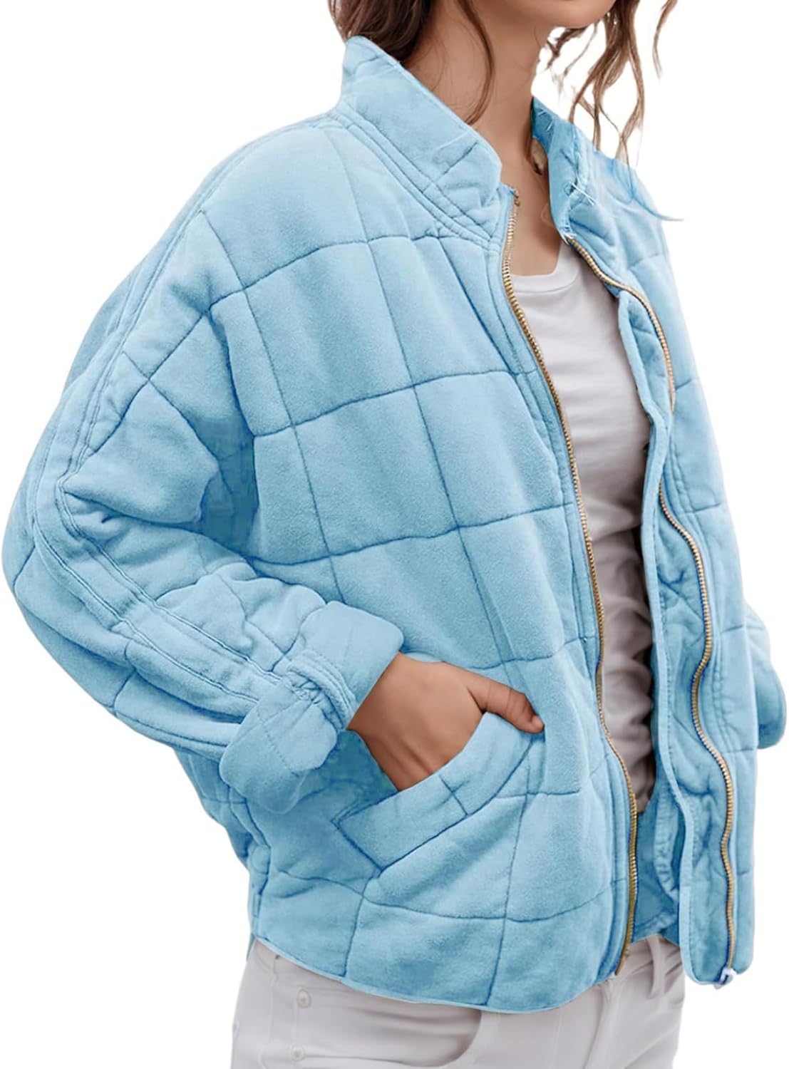 Womens Zip Up Quilted Jacket Casual Solid Color Fall Winter Warm Long Sleeve Loose Fit Outwear Coats with Pockets