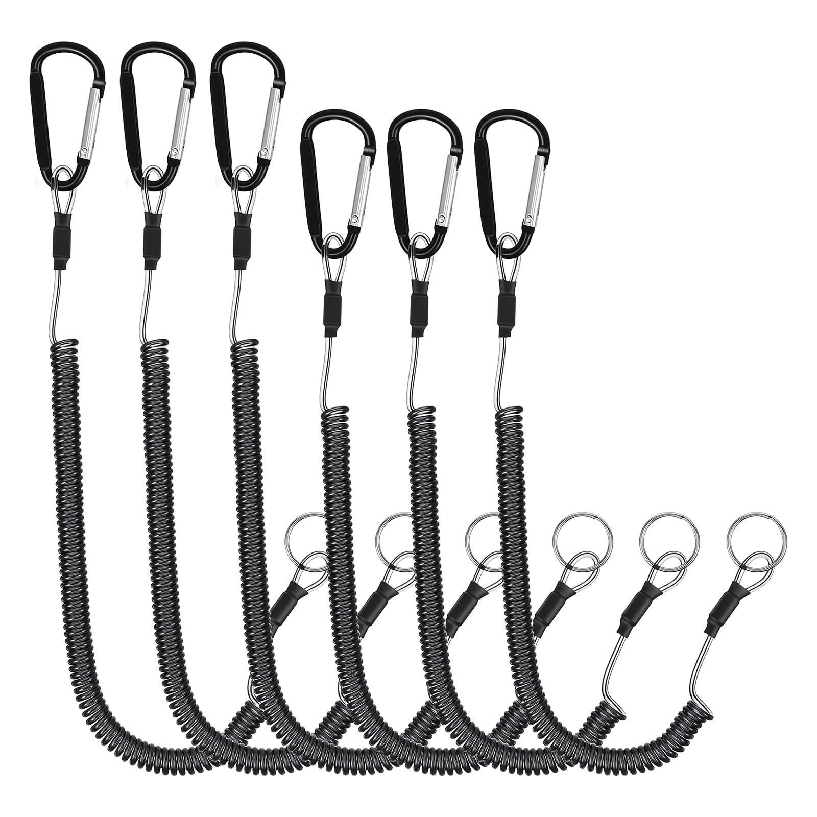 Confezione da 6 cordini a spirale retrattili per utensili manuali, portachiavi, guinzagli per kayak, canna da pesca, corda in acciaio di sicurezza, con moschettone, per pinze e canottaggio