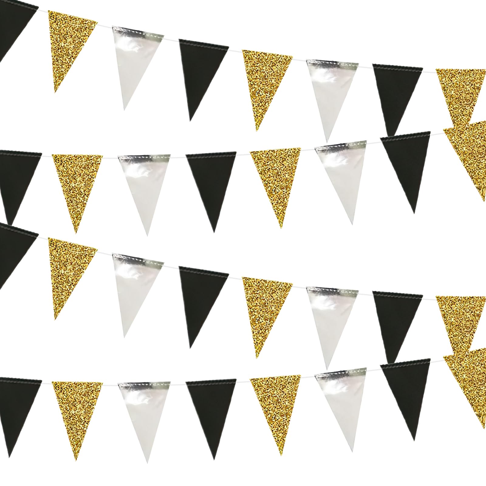 30 Feet Double Sided Glitter Paper Triangle Flag, Black and Gold Party Decorations, Graduation Decorations, for Birthday Holiday Wedding Anniversary Graduation Theme Christmas Party Supplies Decor