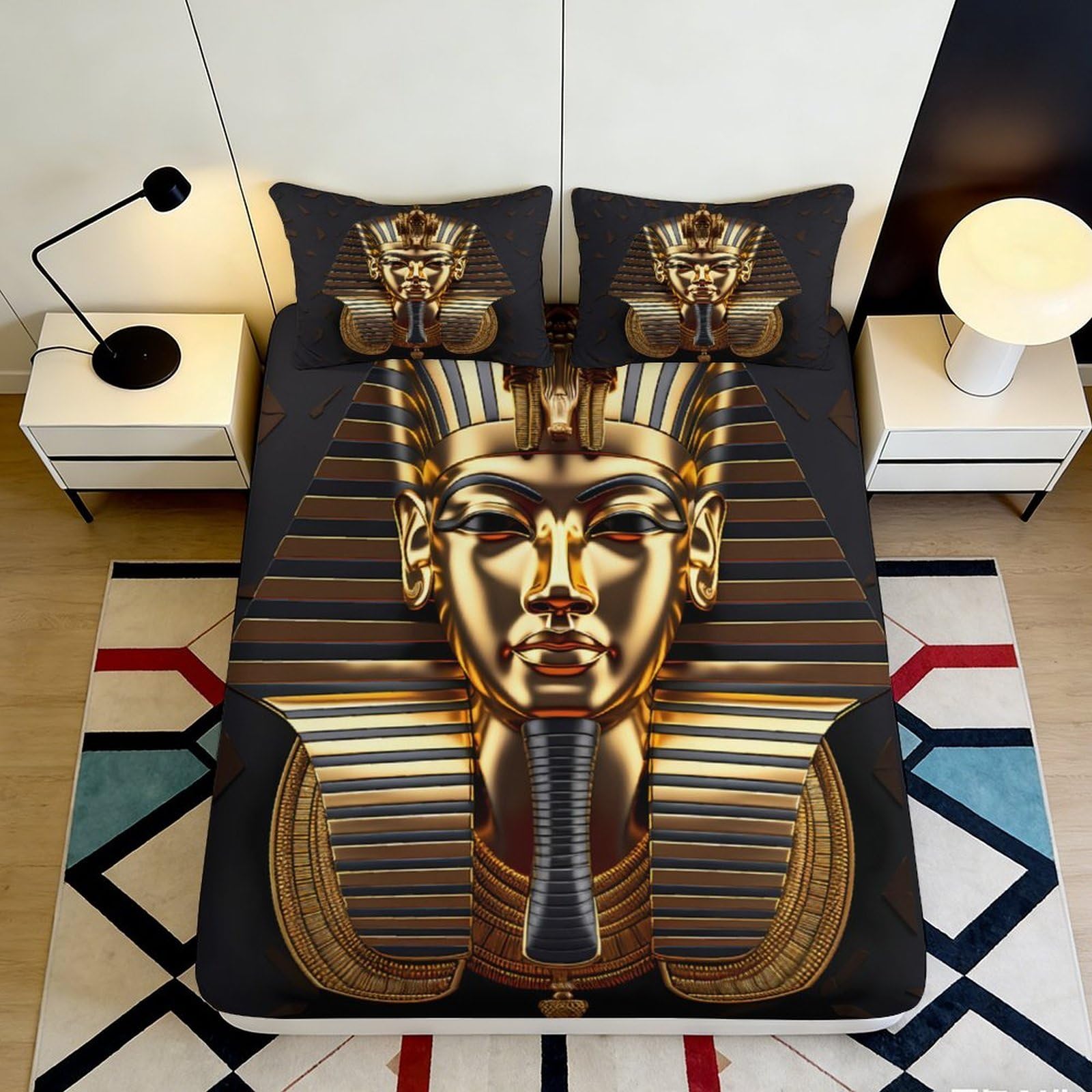 3D Printed Egyptian Pharaoh Fitted Sheet Microfiber Soft Black Gold Ancient Sphinx Mattress Cover for Bedroom Guest Room Decor 90x200x25cm