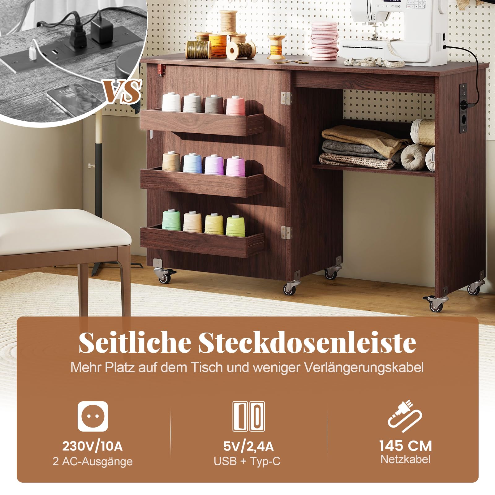 COSTWAYStół do szycia 2 w 1, składany, ze stacją ładującą, drewniana szafka na maszynę do szycia z półkami