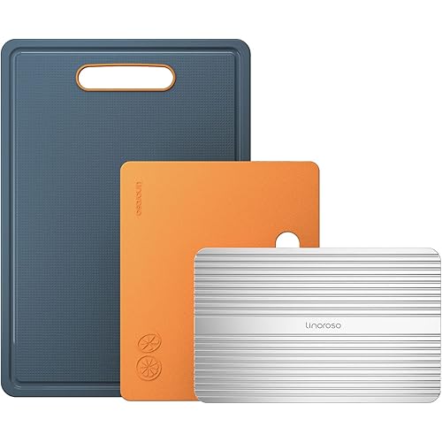 Linoroso Cutting Boards for Kitchen with Defrosting Tray Set of 3, Dishwasher Safe Plastic Cutting Board with Deep Juice Grooves, Non-Slip Durable Chopping Boards for Meat, Veggies, Fruits-Lava Orange