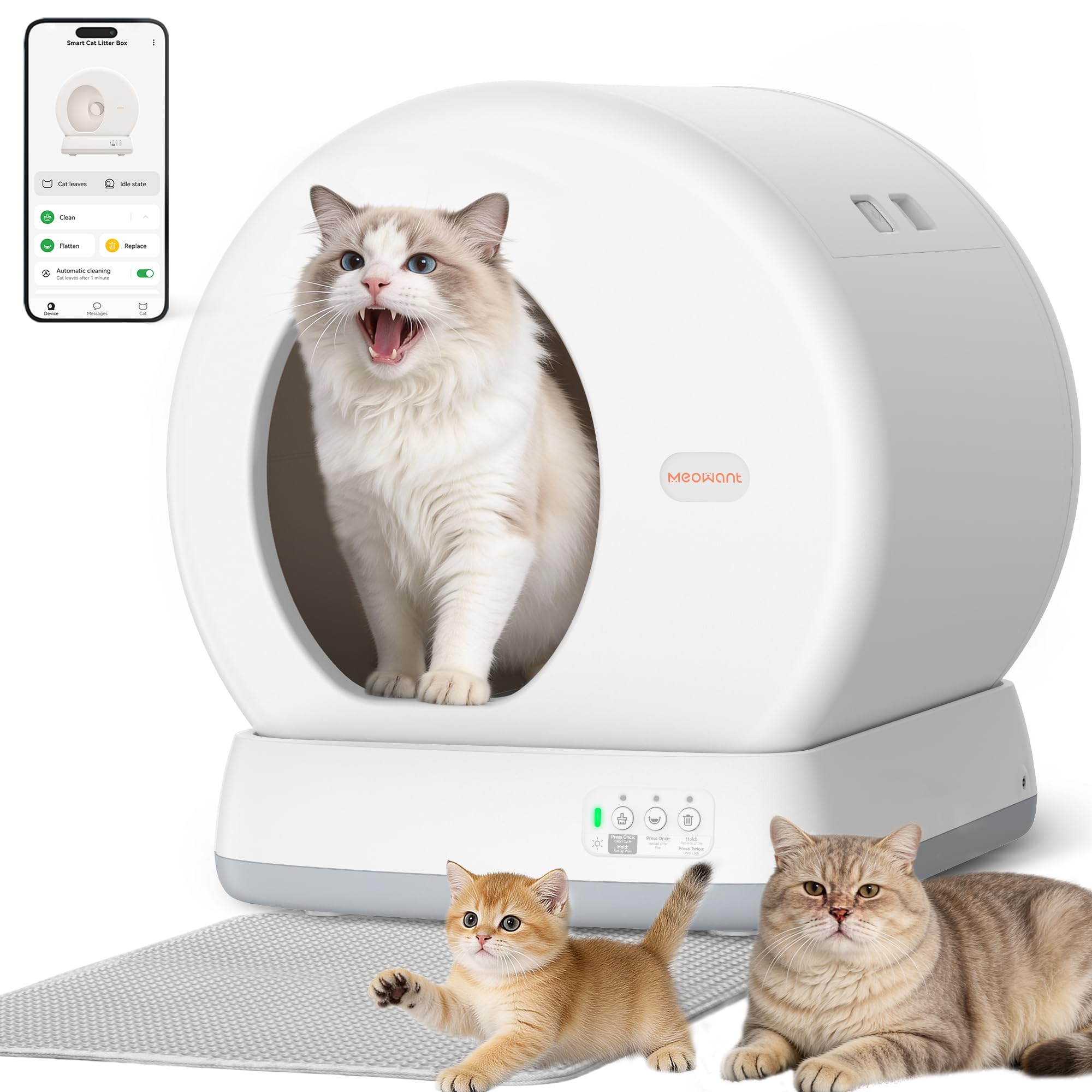 MeoWant Self Cleaning Cat Litter Tray, Integrated Safety Protection Automatic Cat Litter Tray for Multiple Cats, Extra Large/Odor Removal/APP Control Smart Robot Tray with Mat & Liner