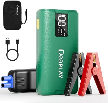 IDEAPLAY J10 Jump Starter, 2000A 12V Car Battery Jump Starter Portable for Up to 8.0L Gas and 7.0L Diesel Engine, Jump Box with Jumper Cables, Type C Fast Charging Battery Jumper with LED Flashlight