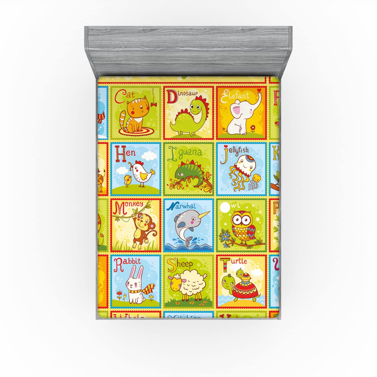 Ambesonne Science 2 Pack Fitted Sheet, Zoo Alphabet Style, Bed Cover All-Round Elastic Deep Pockets 2 Pieces, Package Contains 2 Full Size Fitted Sheets, Green Yellow