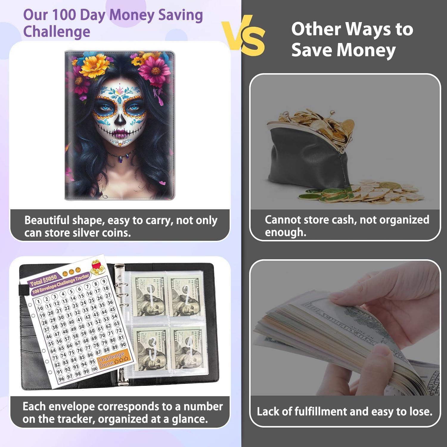 100 Envelopes Money Saving Challenge Binder,A5 Budget Binder with 25 pcs Cash Envelopes,3 pcs Reusable Laminated Trackers Saving $5050,$10000, Money Organizer,Mexican Day of The Colorful Flower Girl