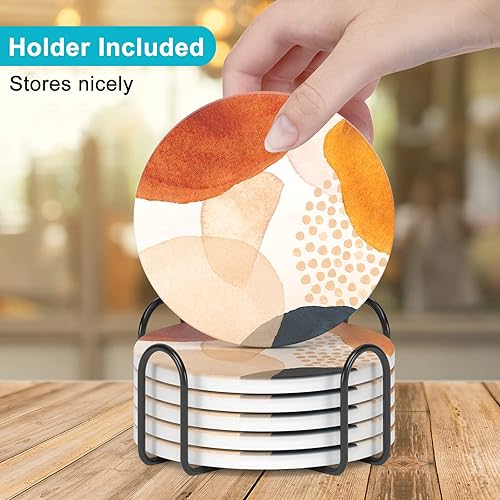 Miniatura 5 de Nipichsha Juego de 6 posavasos de cerámica absorbente para bebidas con soporte y base de corcho, decoración del hogar de cocina, regalo de