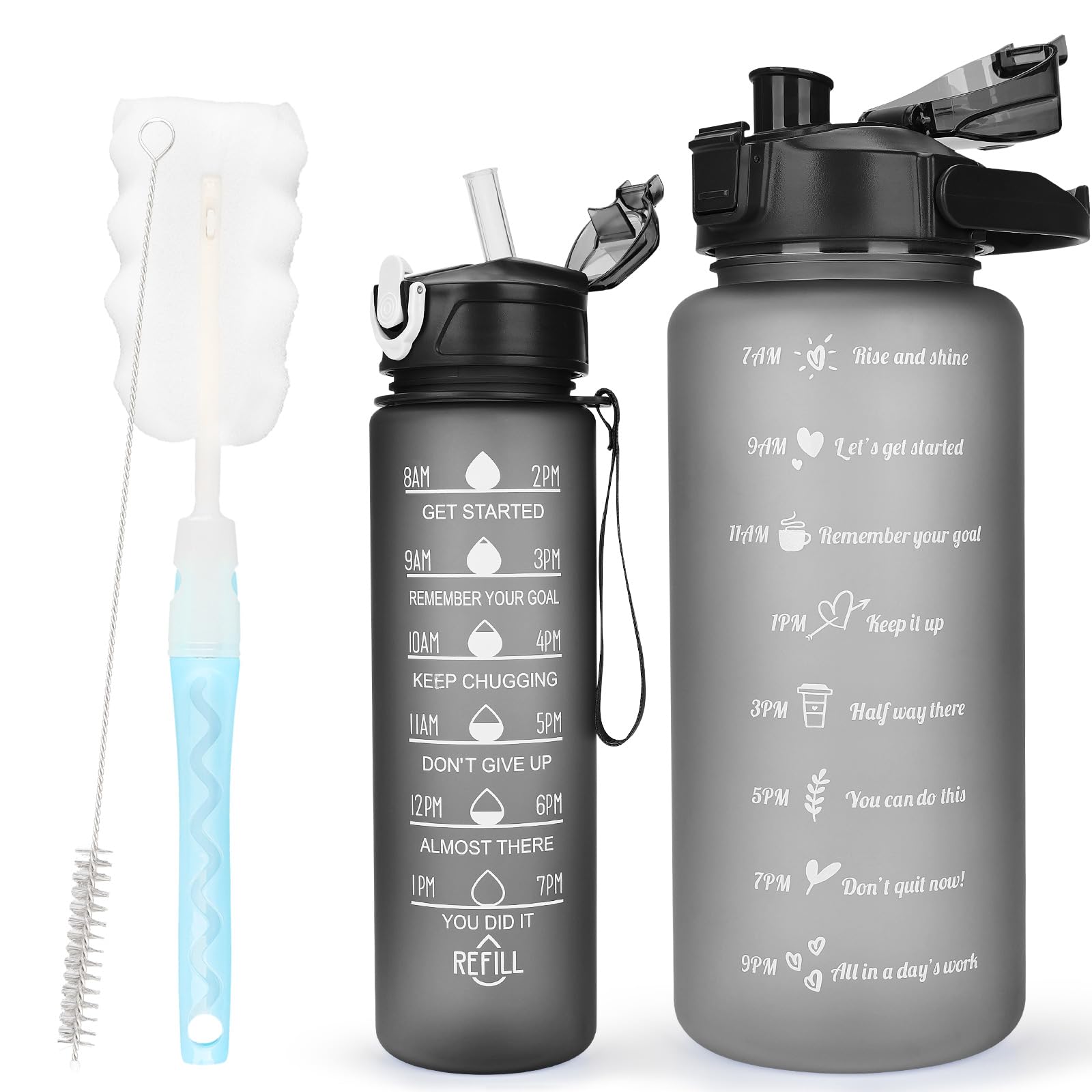 CodiCile Confezione da 2 borracce senza BPA, 2L + 750 ml, borraccia sportiva con indicatore del tempo e cannuccia, borraccia da 2 litri per palestra con spazzola, grande pennarello motivazionale