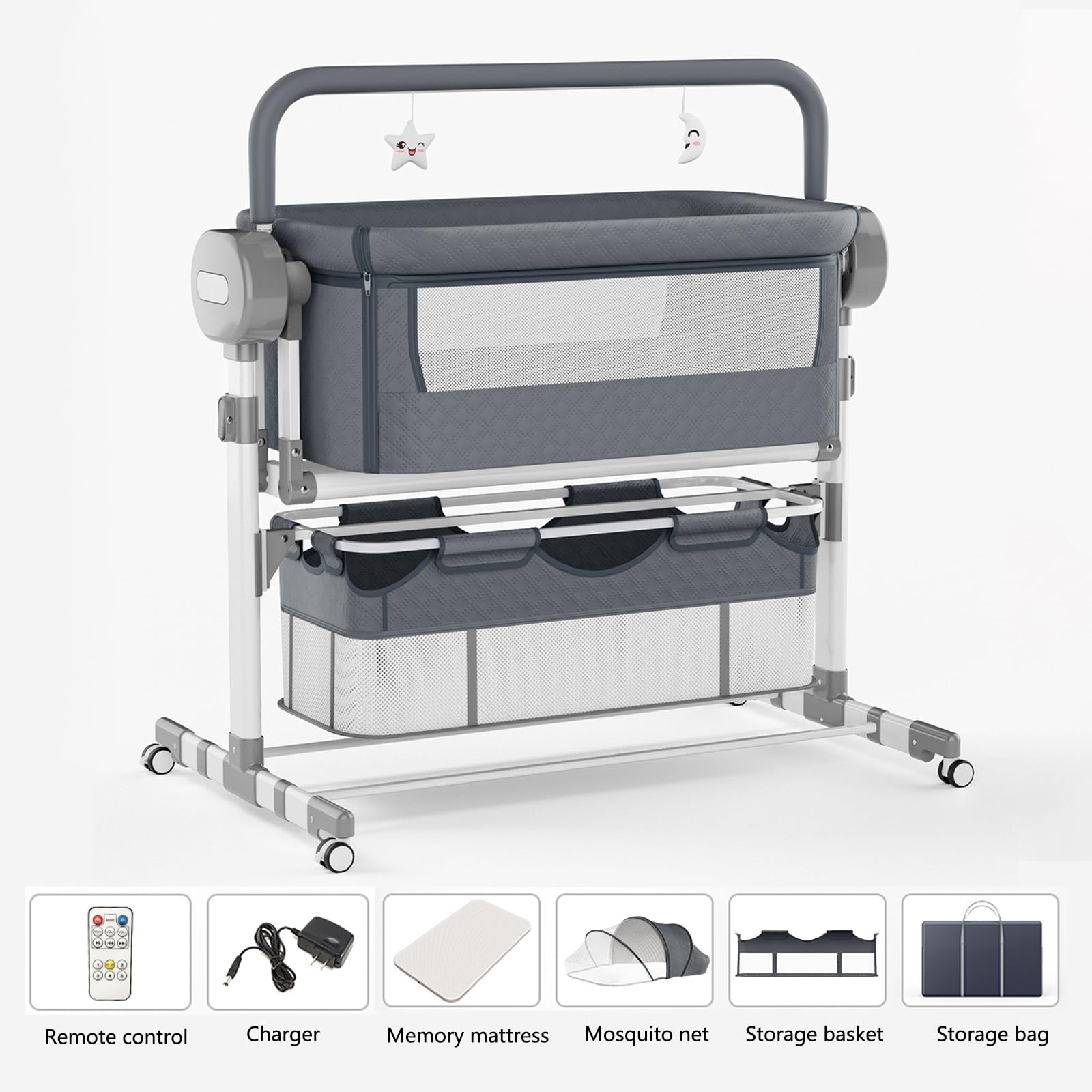 Tragbares Bettchen 3 in 1, Babyschaukel, Neugeborenenbett, mit Wickeltisch, Moskitonetz, Aufbewahrungskorb, Matratze, 4 Räder, für 0-24 Monate Baby (Elektrisch GRAU)