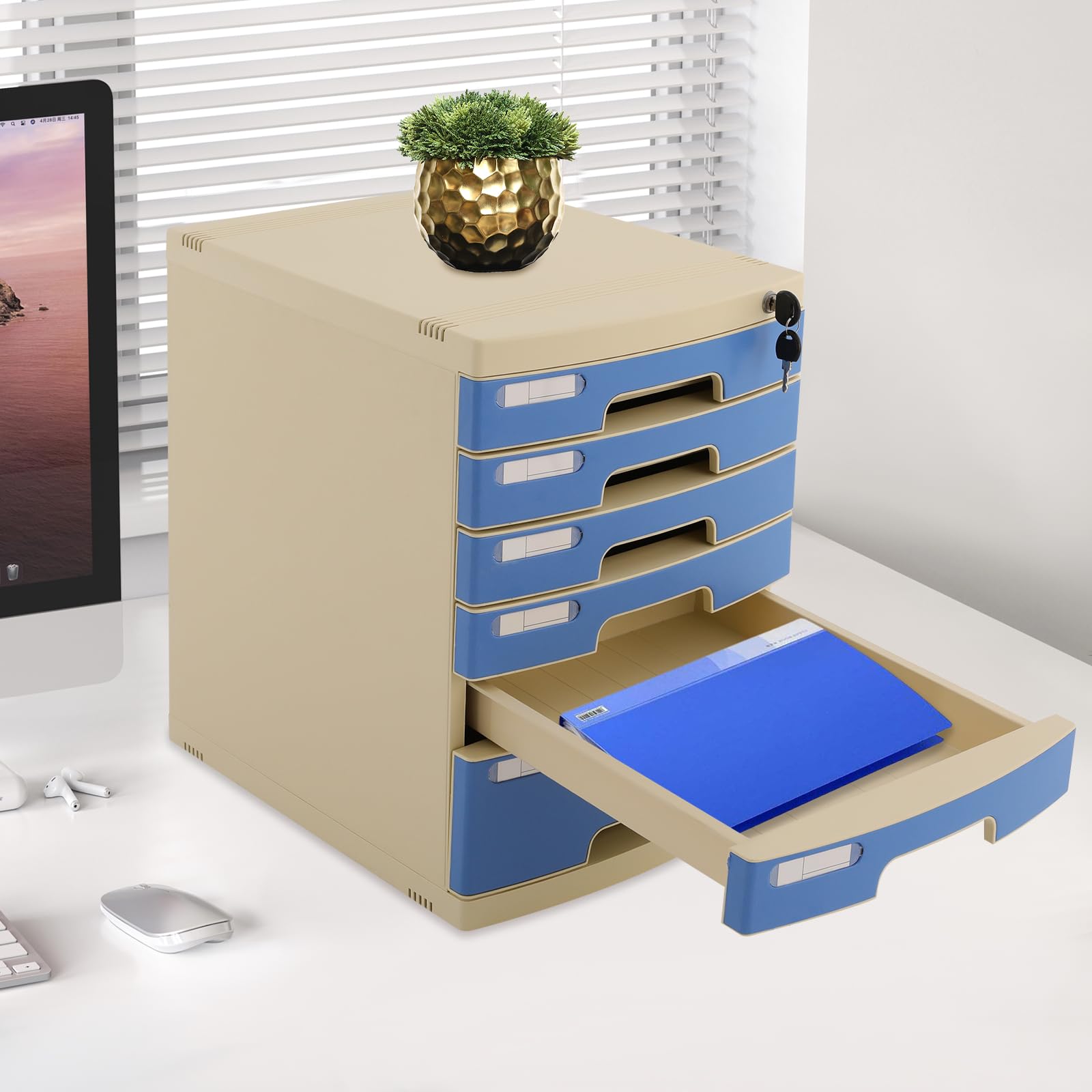 Organizzatore per cassetti da scrivania, in plastica, 6 ripiani, con serratura, per ufficio e casa, per documenti A4, 15,4 x 11,5 x 16,6 pollici (blu)