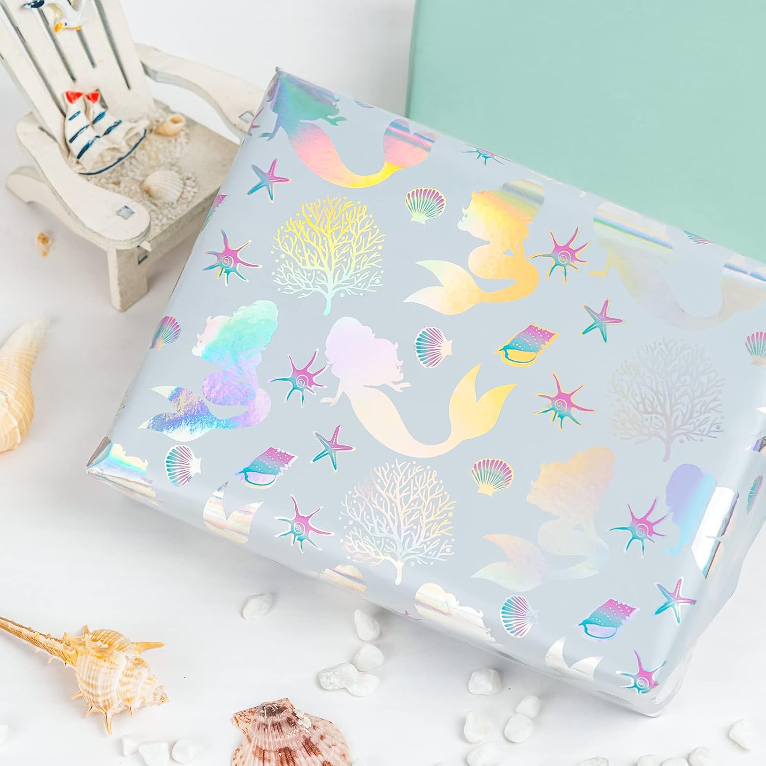 WRAPAHOLIC 30 Inch Reversible Mermaid Wrapping Paper Roll - 30 Inch x 33 Feet - Colorful Foil Little Mermaid Wrapping Paper for Birthday Girls, Baby Shower, Kids Birthday