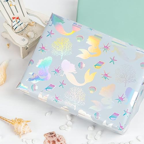 Miniatura 4 de WRAPAHOLIC Papel de regalo reversible  Mini rollo  17 pulgadas x 33 pies  Sirena con diseño colorido de lámina para cumpleaños de niños, fiesta,