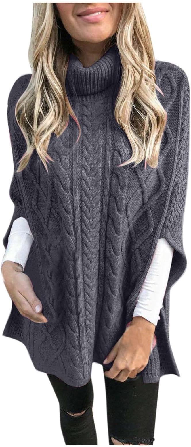Womens Turtleneck Pullover Sweaters Chunky Cable Knit Sweater Fall Fashion Fit Side Slit Shawl Sweatershirt Tops