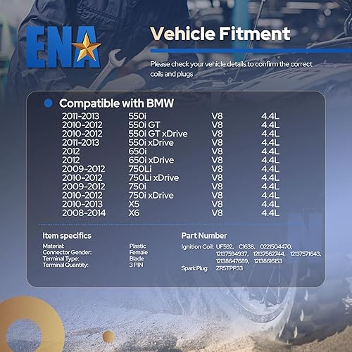 Miniatura 7 de ENA Juego de 8 bobinas de encendido y 8 bujías de platino compatibles con BMW 135i 135is 335i 435i 535i 640i 740i 740Li M235i X3 X5 X6 3.0L 4.4L