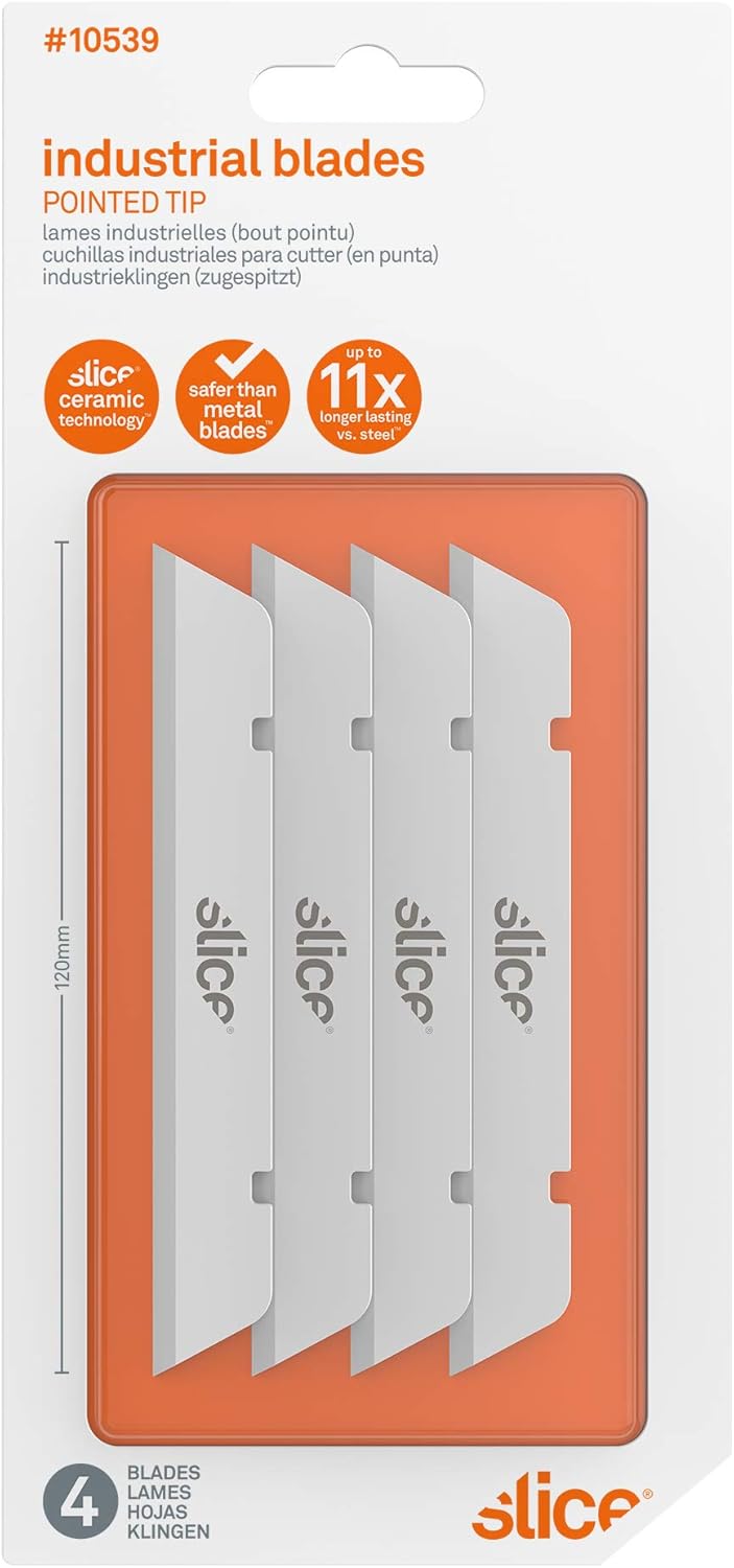 Slice 10539 Extra Long Industrial Blade, Advanced Ceramic, Ideal for Insulation, Batting, Foam, Finger-Friendly Safety Blade; Lasts 11x Longer Than Metal, Pointed Tip (4 Pack)