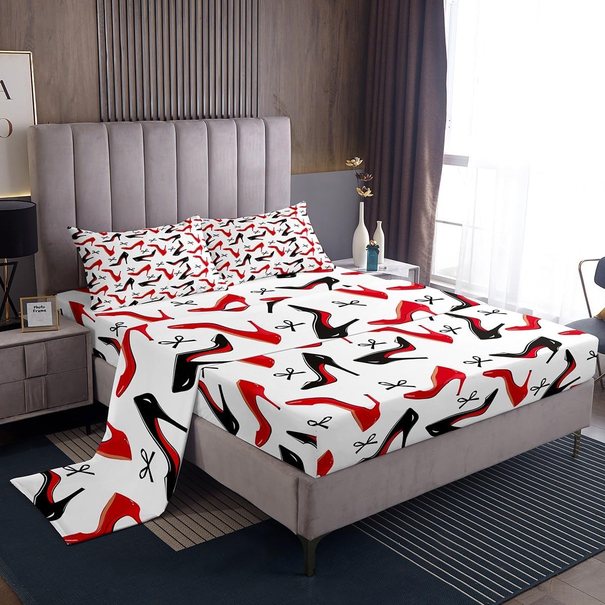 Manfei High-Heeled Shoes Bed Sheet Queen Set,Fashion Red Black High-Heels Chic Sheet Sets Adults Bedroom,Black Bowknot Princess Style Girlish Bedding Set with Flat,Fitted Sheet,2 Pillows