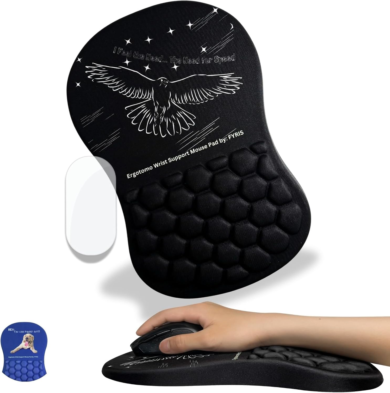 Ergonomic Mouse Pad with Wrist Rest Support, Large Cushion Memory Foam Gel with Fly Eagle Design idea Slope for Comfort Pain Relief Ideal for Carpal Tunnel Relief Non-Slip 12L x 8W inches Black