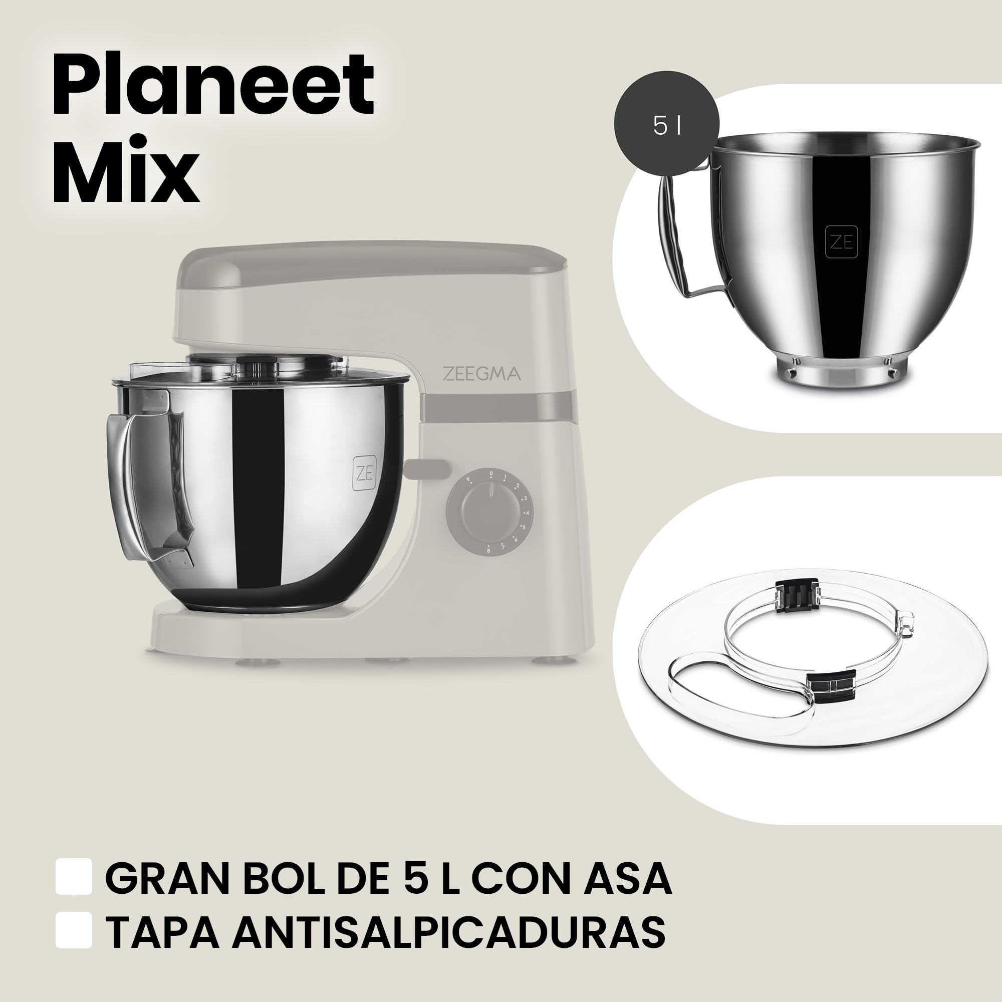 ZEEGMA Planeet MIX - Amasadora (1800 W, robot multifuncional con cuenco de 5 L, con asa y tapa, 8 velocidades, incluye panel táctil de 3 piezas) (Red)