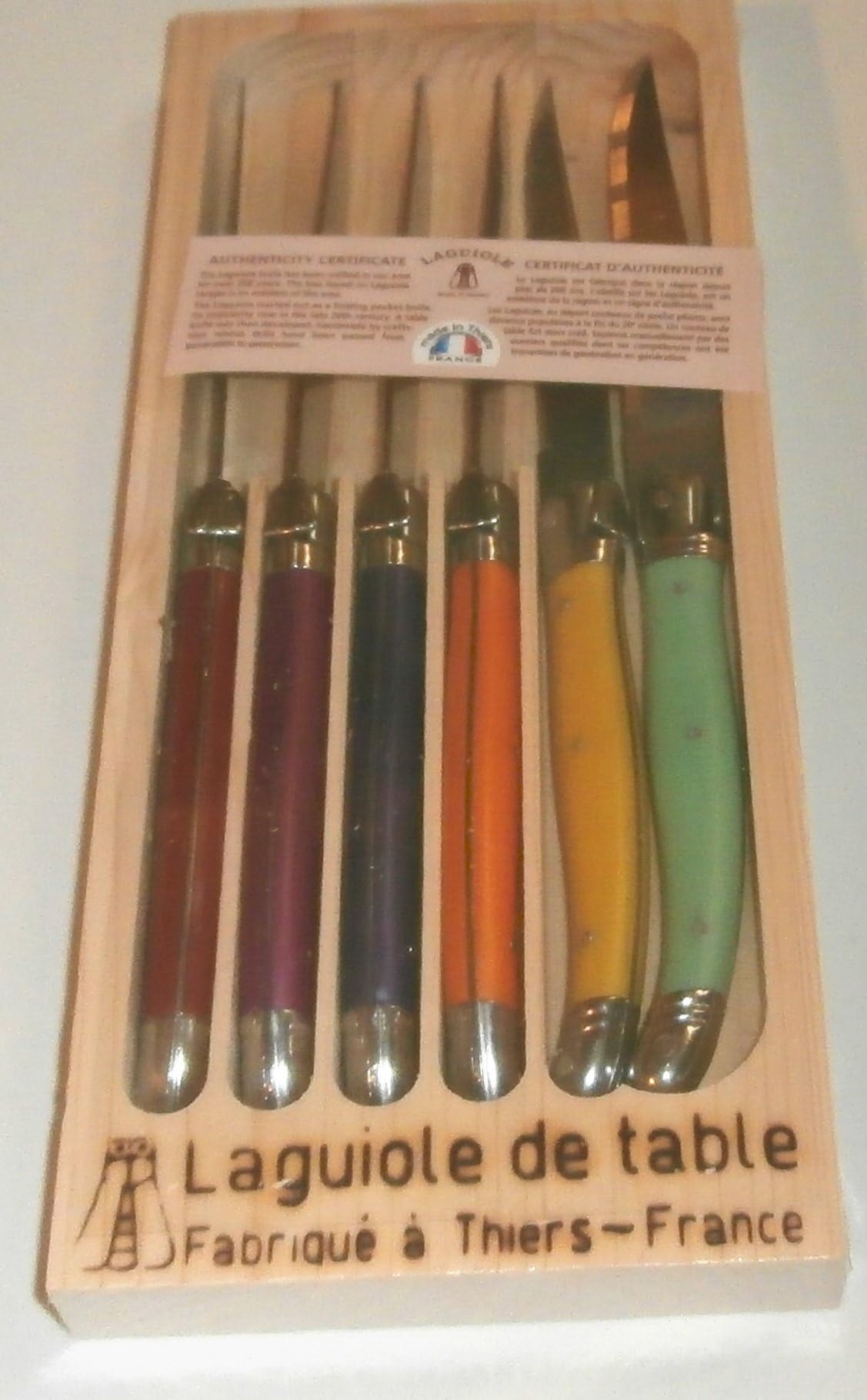 Jean Dubost Laguoile Stainless Steel Steak Knife Set Multi Color Handles, Red, Fuchsia, Purple, Orange, Yellow, and Green