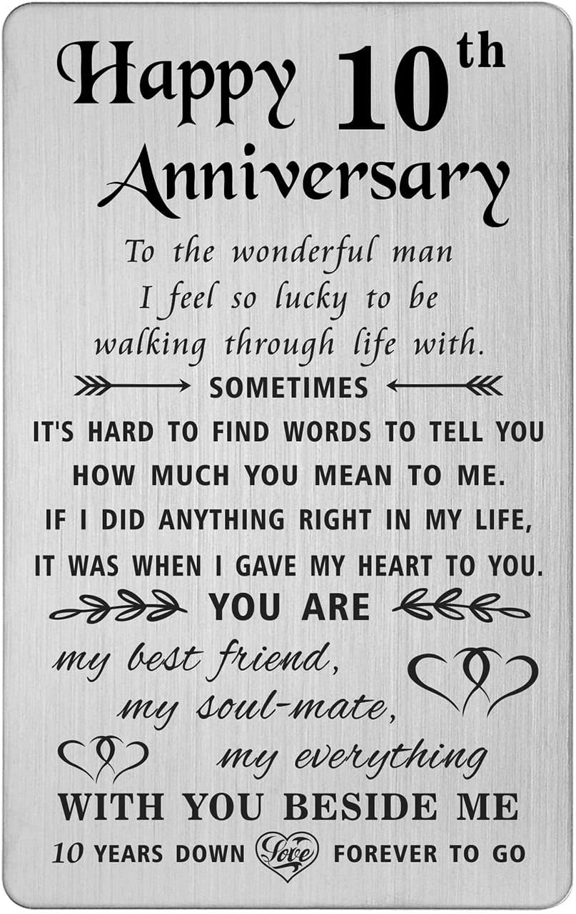 10 Year Anniversary Card Gifts for Him, Happy 10th Anniversary Card for Husband, Tin 10 Year Wedding Gifts for Men, Engraved Metal Wallet Insert