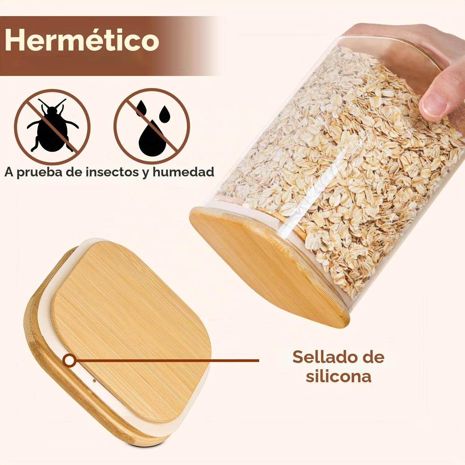 ComSaf Juego de 4 tarros de vidrio de 0.8 cuartos con tapas de bambú y cucharas, recipientes cuadrados de vidrio con tapas, recipientes de café y azúcar, tarros de especias de sal, contenedor de