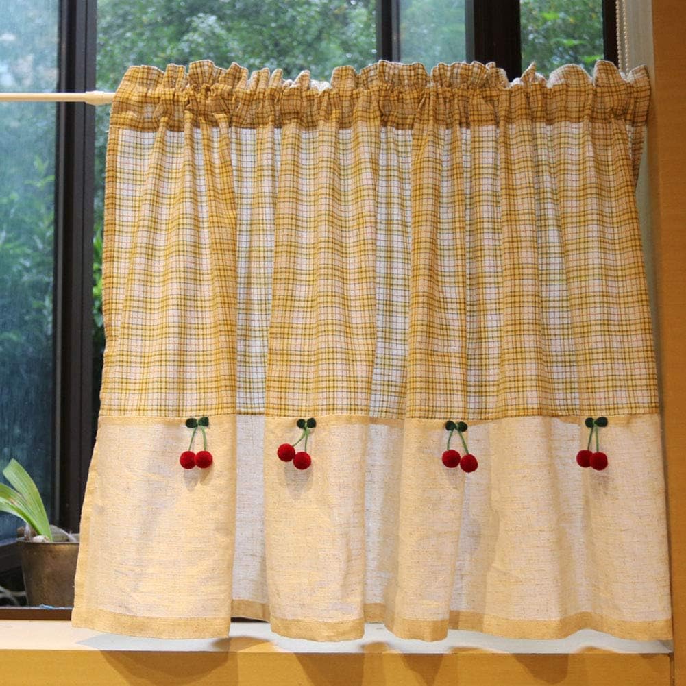 vctops Country Style Buffalo Plaid Cafe Curtain with Cherry Tassel Rod Pocket Cotton Linen Short Curtains for Kitchen Cabinets, 1 Panel (Yellow,57"x28")