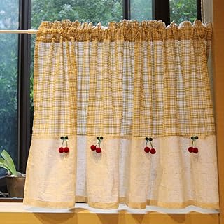 vctops Country Style Buffalo Plaid Cafe Curtain with Cherry Tassel Rod Pocket Cotton Linen Short Curtains for Kitchen Cabinets, 1 Panel (Yellow,57