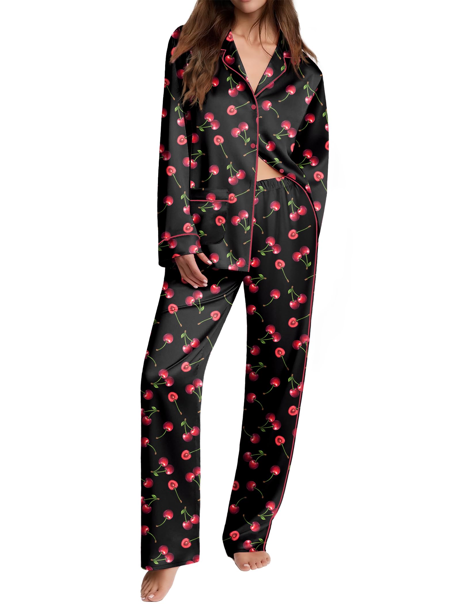 Ekouaer Womens Pajama Sets Satin Silk Pjs Long Sleeve Button Down Sleepwear | Soft Pjs Set, Notch Collar, Contrast Piping, 2 Piece Lounge Set, Classic Loungewear with Chest Pocket
