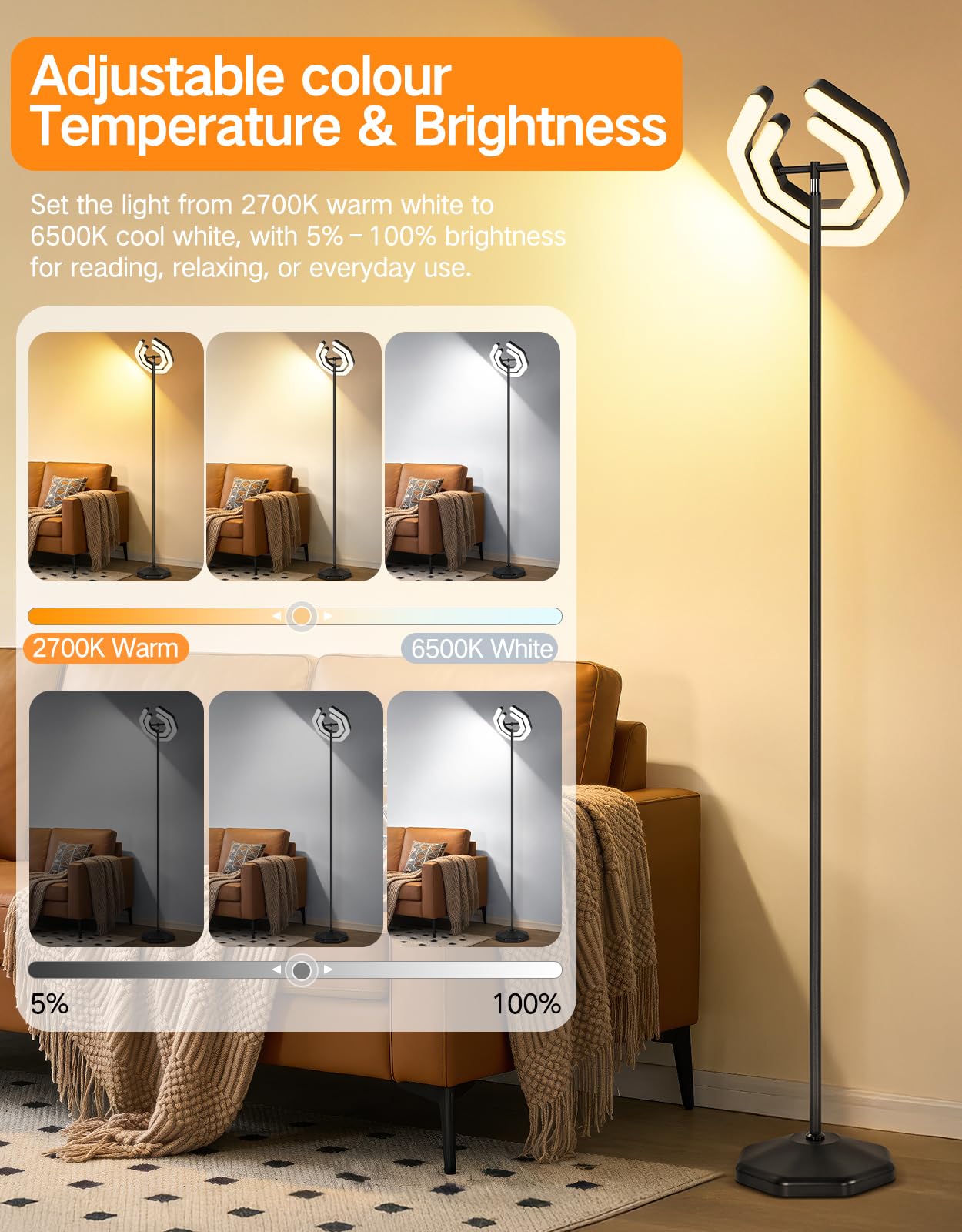 OUTON Lampa stojąca LED, lampa sufitowa, możliwość ściemniania | pilot zdalnego sterowania, 4 temperatury barwowe, nowoczesna lampa stojąca do salonu, sypialni, biura