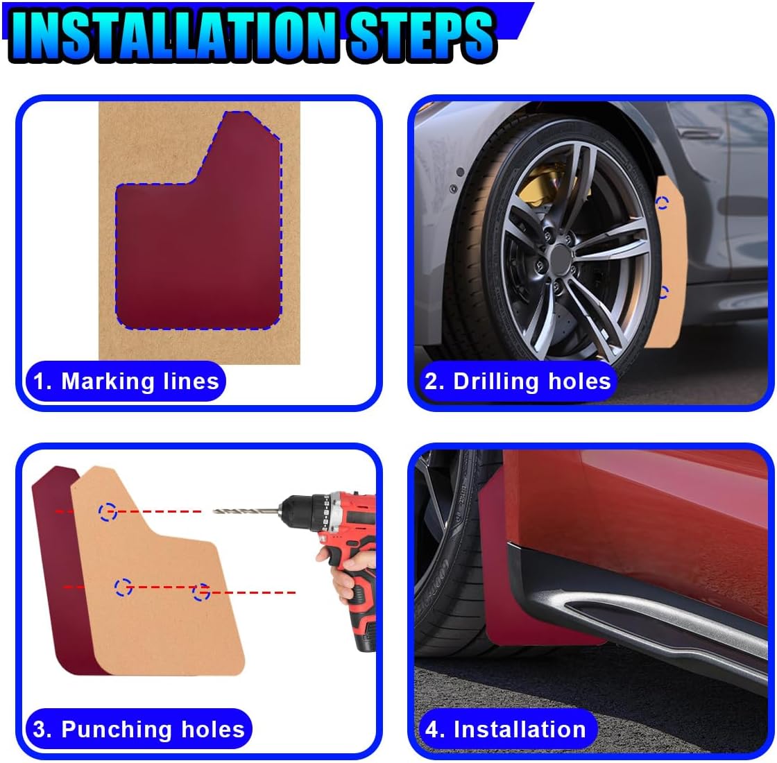 Craedli 4PCS Universal Car Mud Flaps Set, Flexible Bendable Mudguard Automotive Front & Rear Splash Guards with Screws, Vehicle Exterior Protection Accessories for SUV, Truck, Pickup, Off-Road (Red)