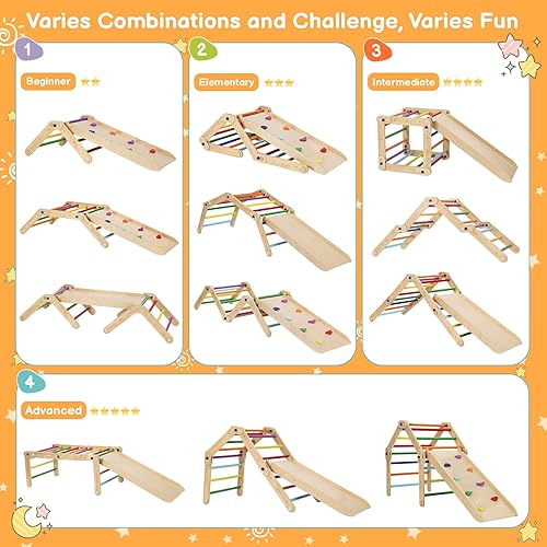 Miniatura 2 de Dripex Triángulo escalador con tobogán reversible 10 modos de cambio colorido juego de triángulos Pikler plegable para niños pequeños parque