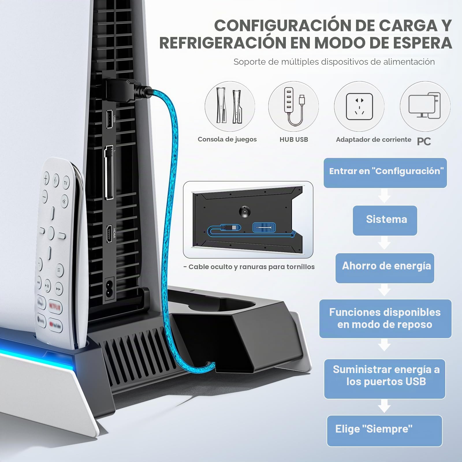 Soporte para PS5/Pro/Slim y Refrigeración para PS 5 Disc & Digital, Cargador para PS5 & Edge Mando, Ventilador Automático PlayStation 5 de 3 Velociadades 3 USB HUB