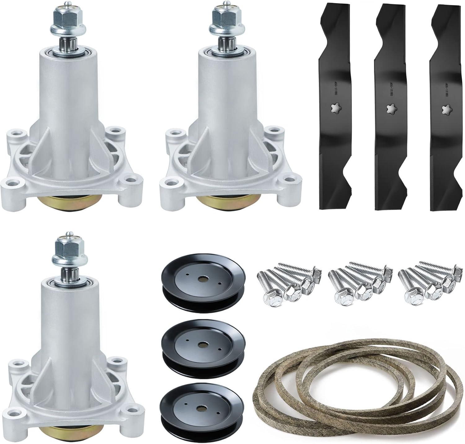 54" Deck Spindle Rebuild Kit for Craftsman/for Husqvarna YTH2454 LGT2654 LGT2554,Include 3 Spindles 187292 192870, 3 Pulleys 129861, 3 Blades 187256, 1 147 1/2" Deck Belt 196103