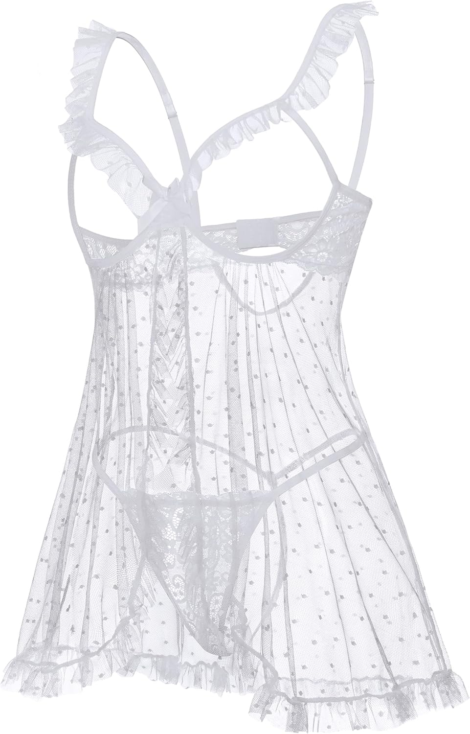 Avidlove Sexy Polka Dots Mesh Sheer Lace Babydoll Open Front Ruffle Chemise Cut Out Nightgown Lingerie With Thong XS-XXL - Image 3