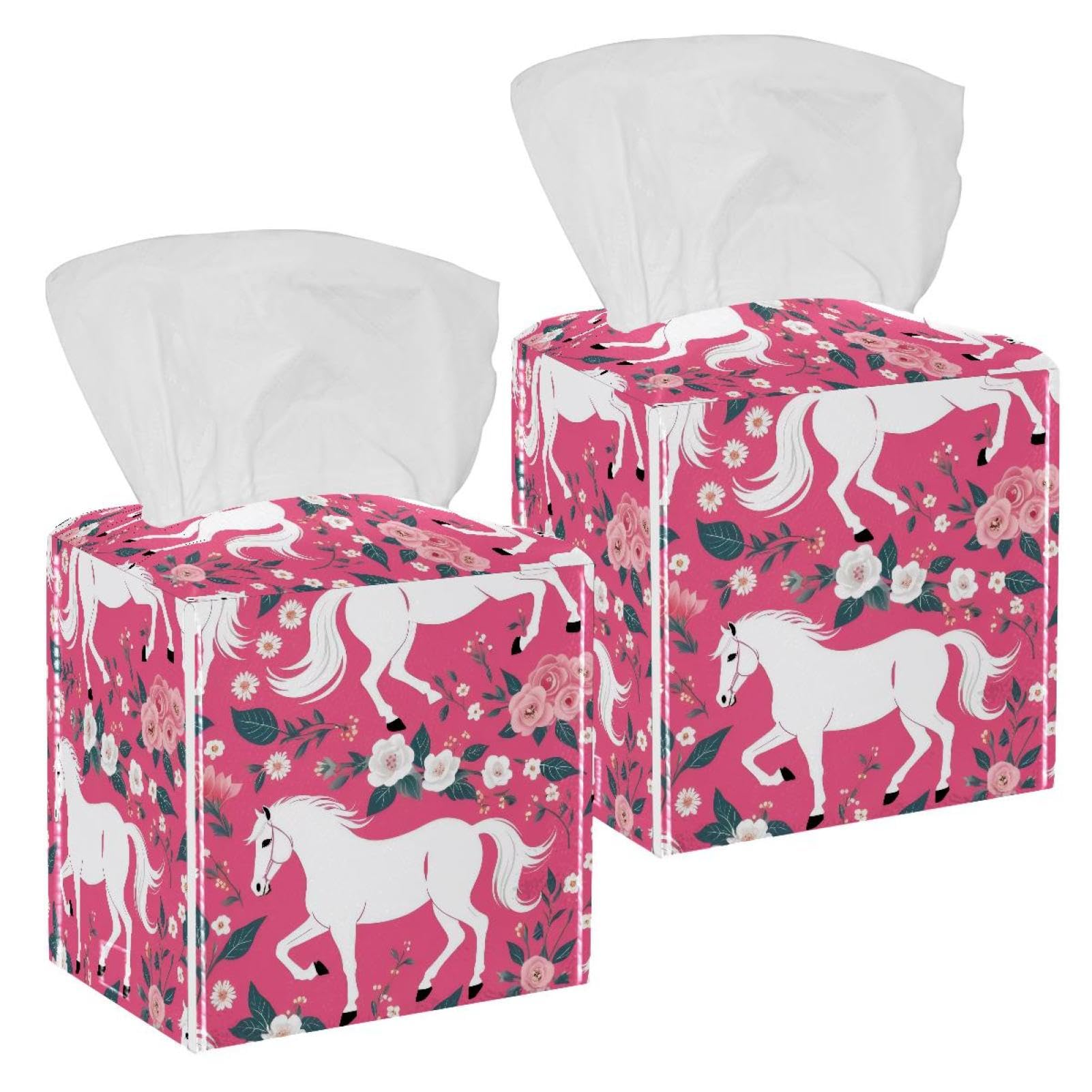 Horse and Flowers Tissue Box Cover, 2 Pack PU Leather Square Facial Tissue Dispenser Box holder for Home Office Car