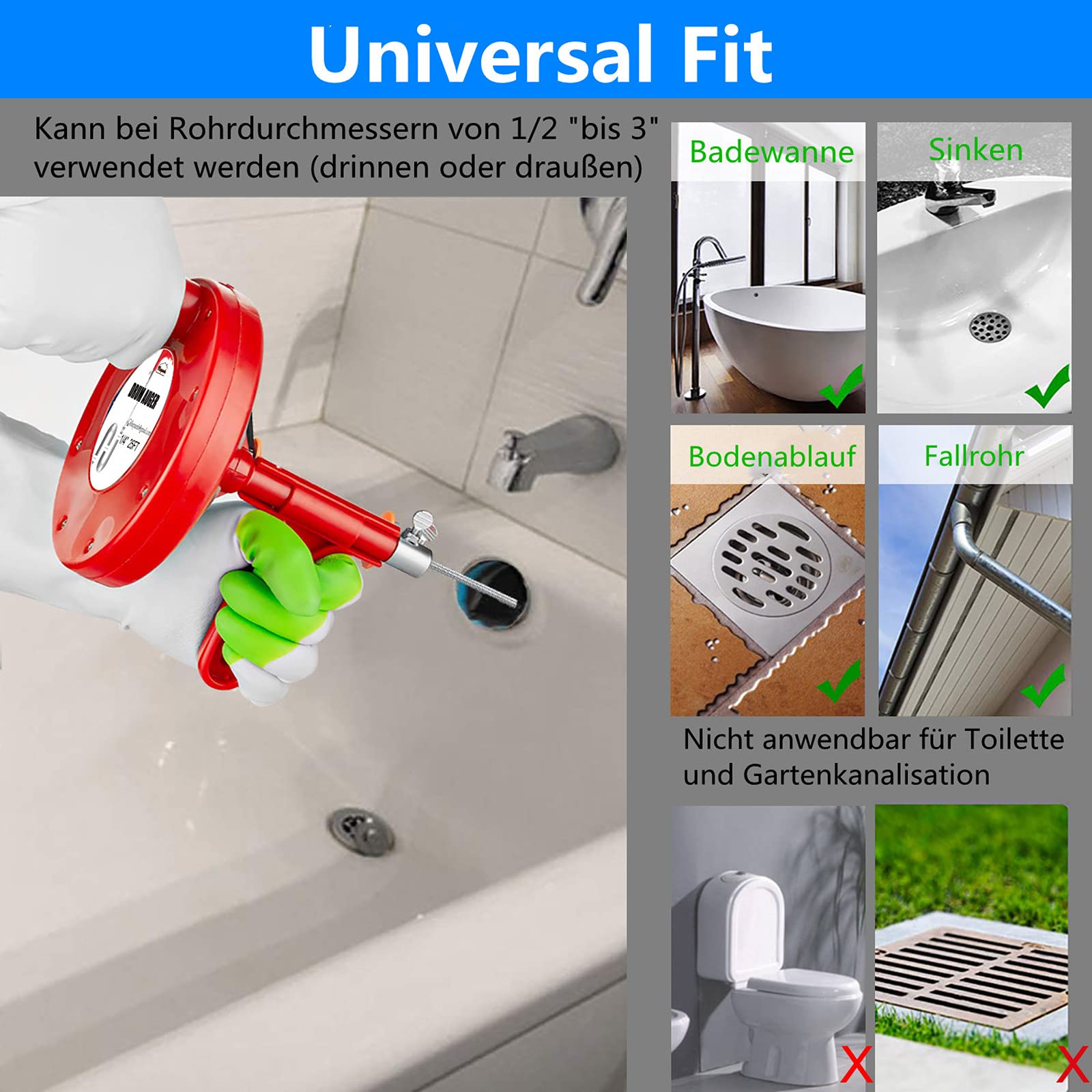 Ablaufreiniger-Set 13-in-1 – 7,6 M Schlange Mit Doppelkopf, Für Küche, Bad, Dusche, Inkl. Werkzeuge & Tasche