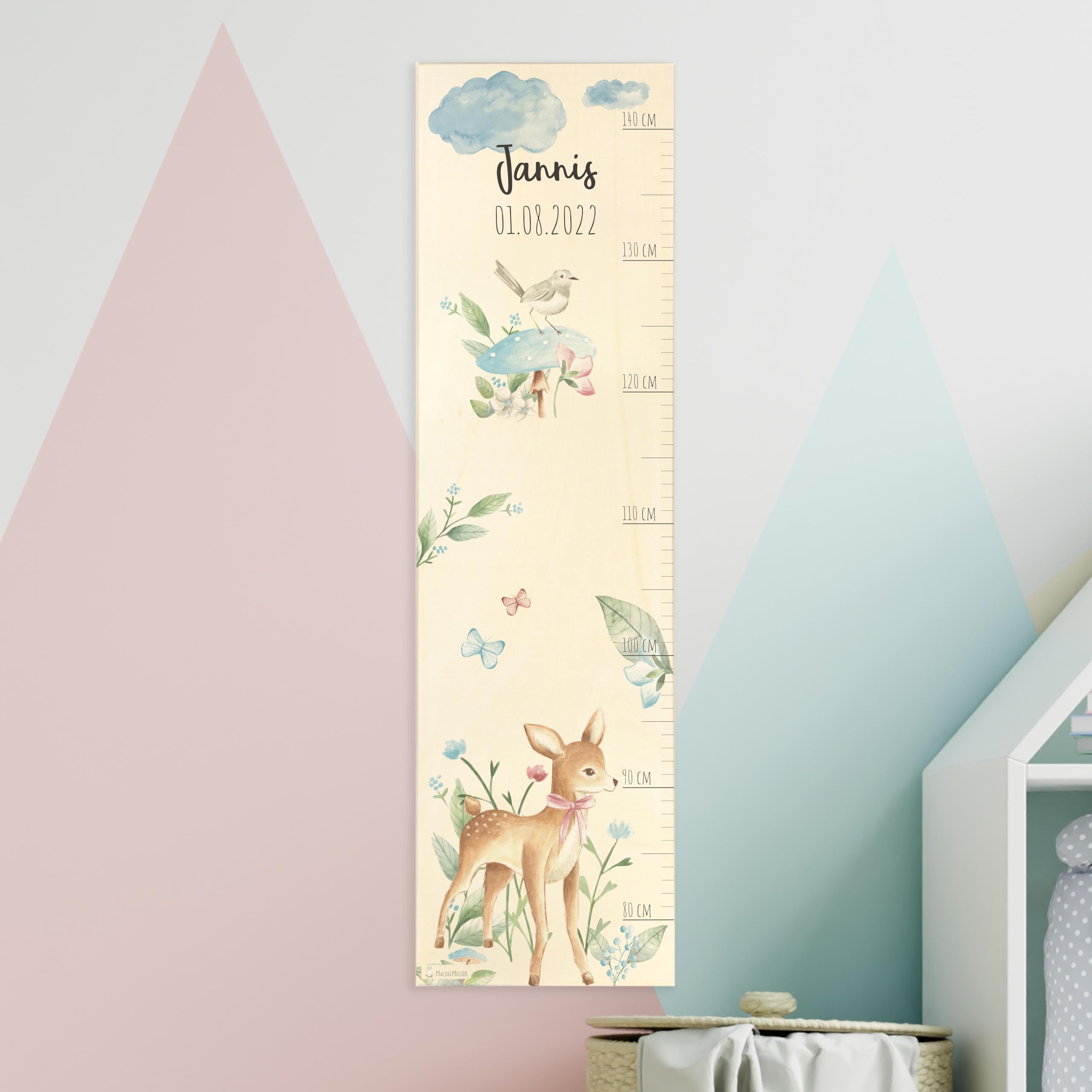 Geschenkfreude Messlatte Kinder personalisert 80-140cm - mit Rehmotiven als Dekoration fürs Kinderzimmer - personalisierte Messlatte Kinder Holz - tolles Geschenk zur Geburt - Maßband Wand