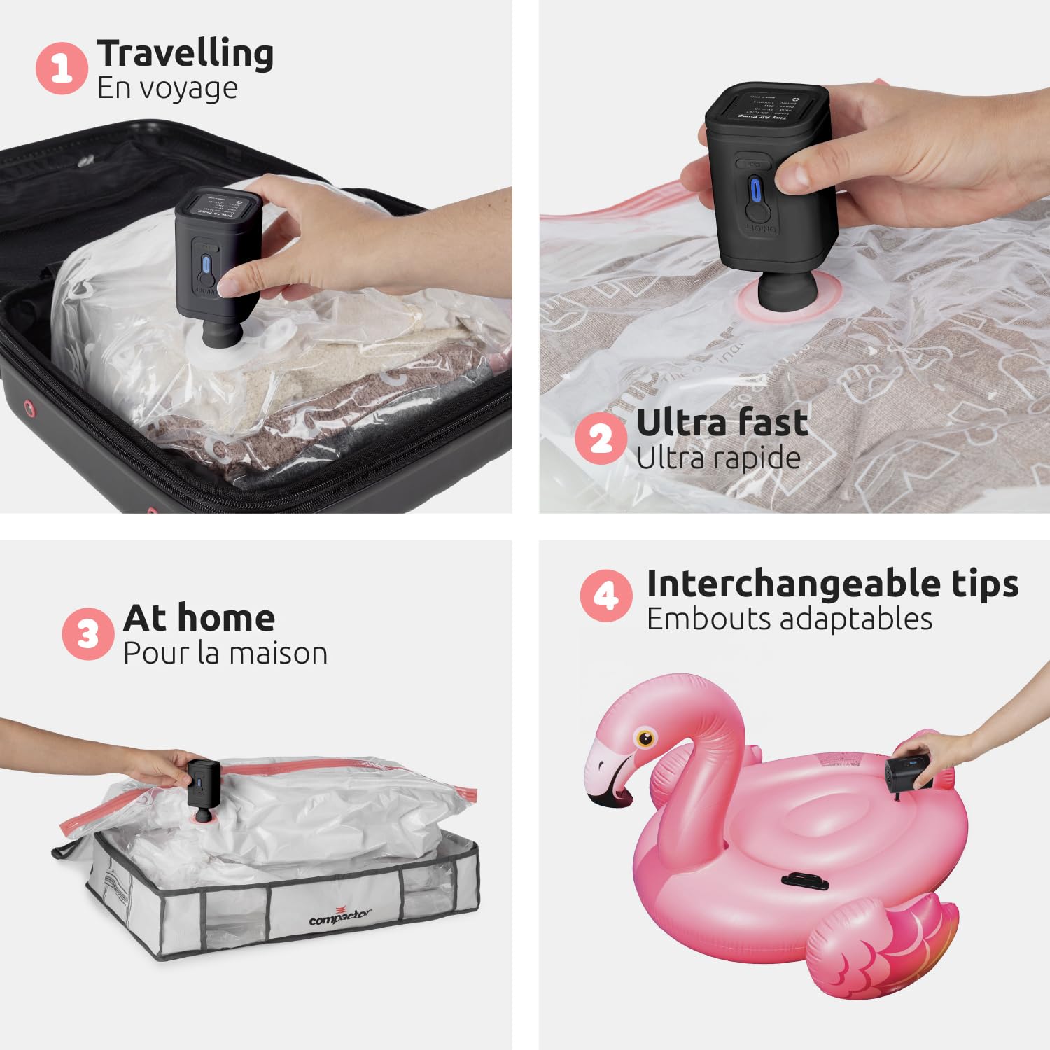 Compactor - Pompe électrique portable sans fil pour sacs de rangement sous vide - Recharge USB - Puissante - Design compact de voyage - Compatible sacs Compactor