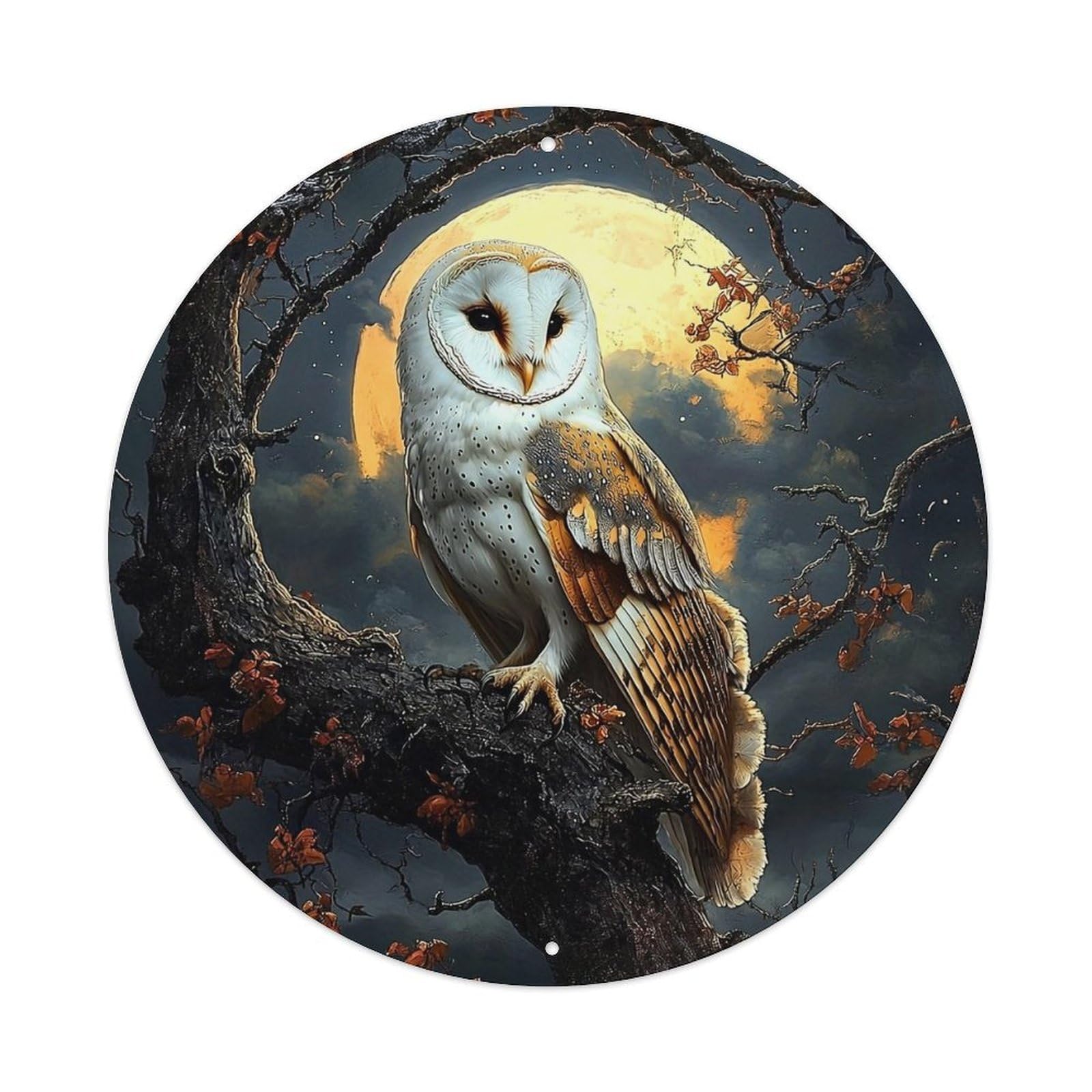Owl Moon Tree Branch Leaves Round Metal Tin Sign Vintage Wall Decor, Bar Garage Cafe Kitchen Home Wall Art Poster 8x8inches