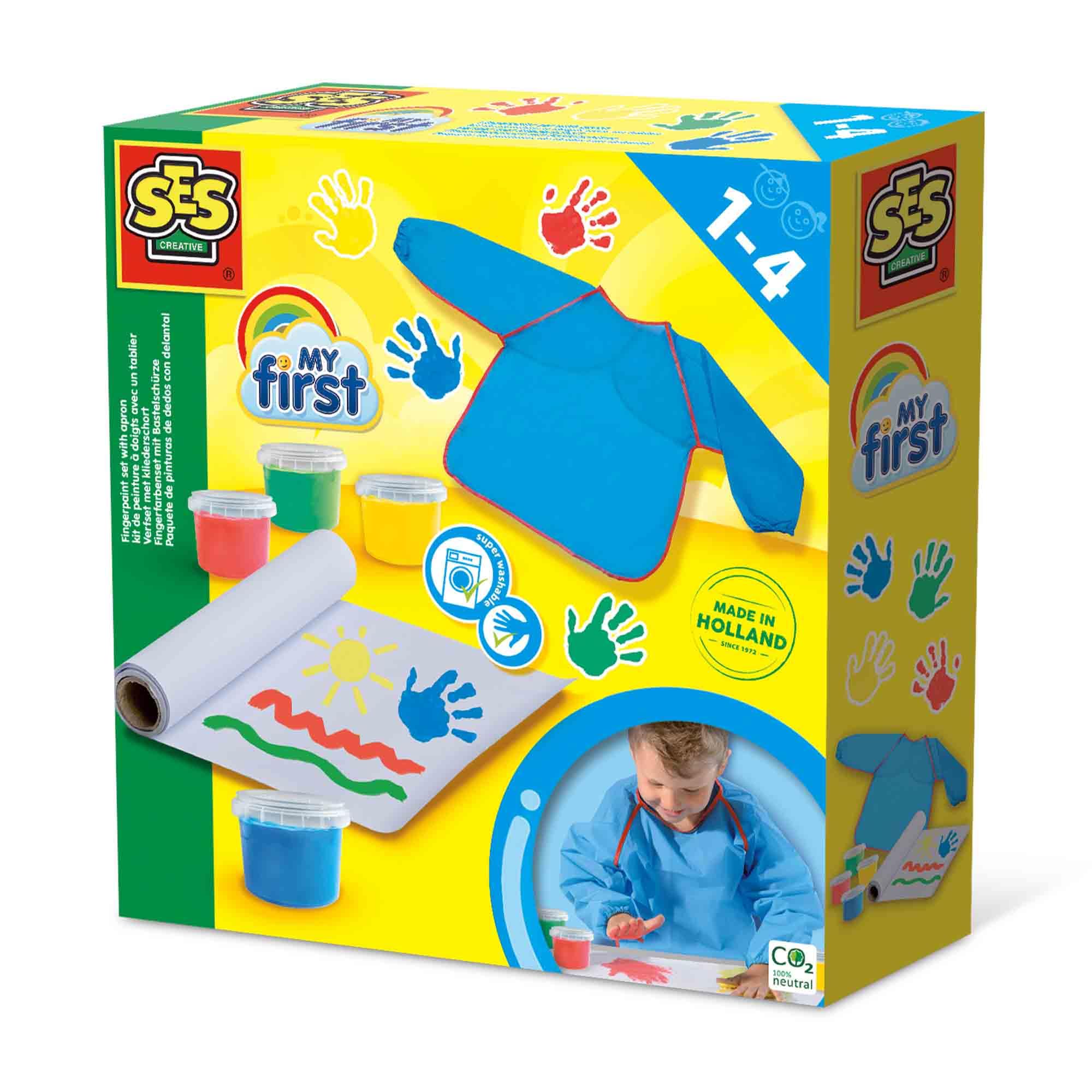 SES Creative My First - Finger Paints Set with Included Apron, Fun Activity Set for Parents and Young Children, Safe, Washable Paint Includes Paints, Paper and Apron for Ages 1 Year and Up