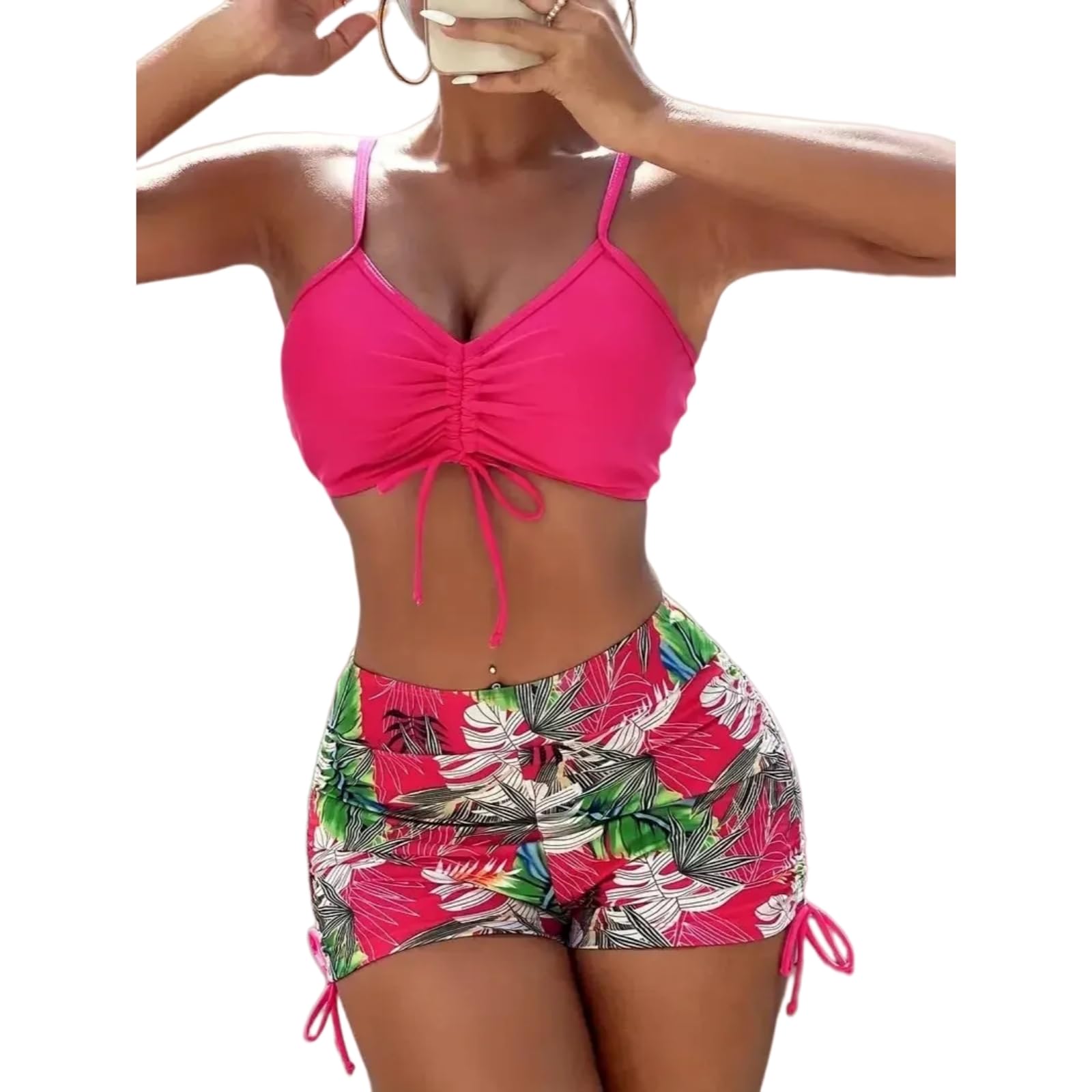 Set Bikini Donna Donne Caldo Rosa Foglia Tropicale 2 Pezzi Nuoto Corto A Cordone Ruched Superiore Cravatta Laterale Boyshort Costume da Bagno per La Spiaggia PisChina