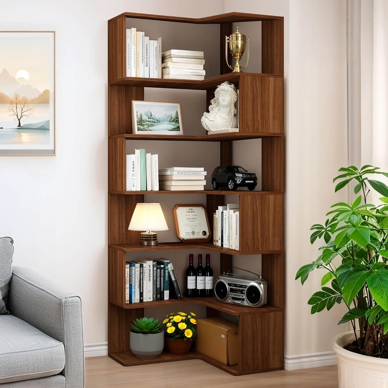 Corner Bookshelf, 6 Tier Corner Bookcase Tall, 78.7" L-Shaped Corner Book Shelf, Walnut Corner Shelves for Home Office, Living Room, Bedroom