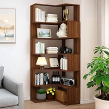 Corner Bookshelf, 6 Tier Corner Bookcase Tall, 78.7" L-Shaped Corner Book Shelf, Walnut Corner Shelves for Home Office, Living Room, Bedroom