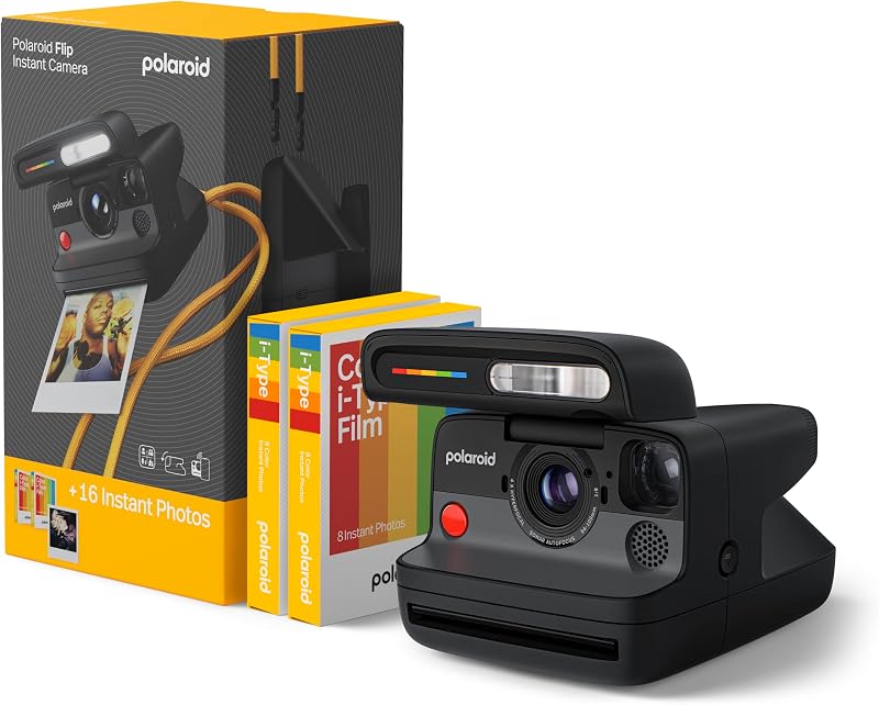 Flip Instant Camera + Color Film Bundle (16 Photos Included) - Black (6565) - Hyperfocal 4-Lens System, Sonar autofocus, and Sence Analysis with Bluetooth paired Companion app
