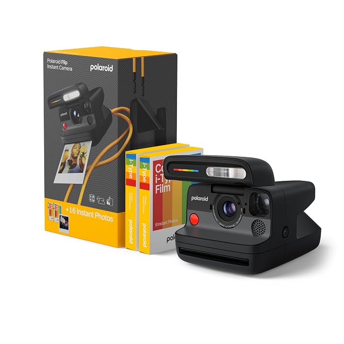 Polaroid Flip Instant Camera + Color Film Bundle (16 Photos Included) - Black (6565) - Hyperfocal 4-Lens System, Sonar autofocus, and Sence Analysis with Bluetooth paired Companion app